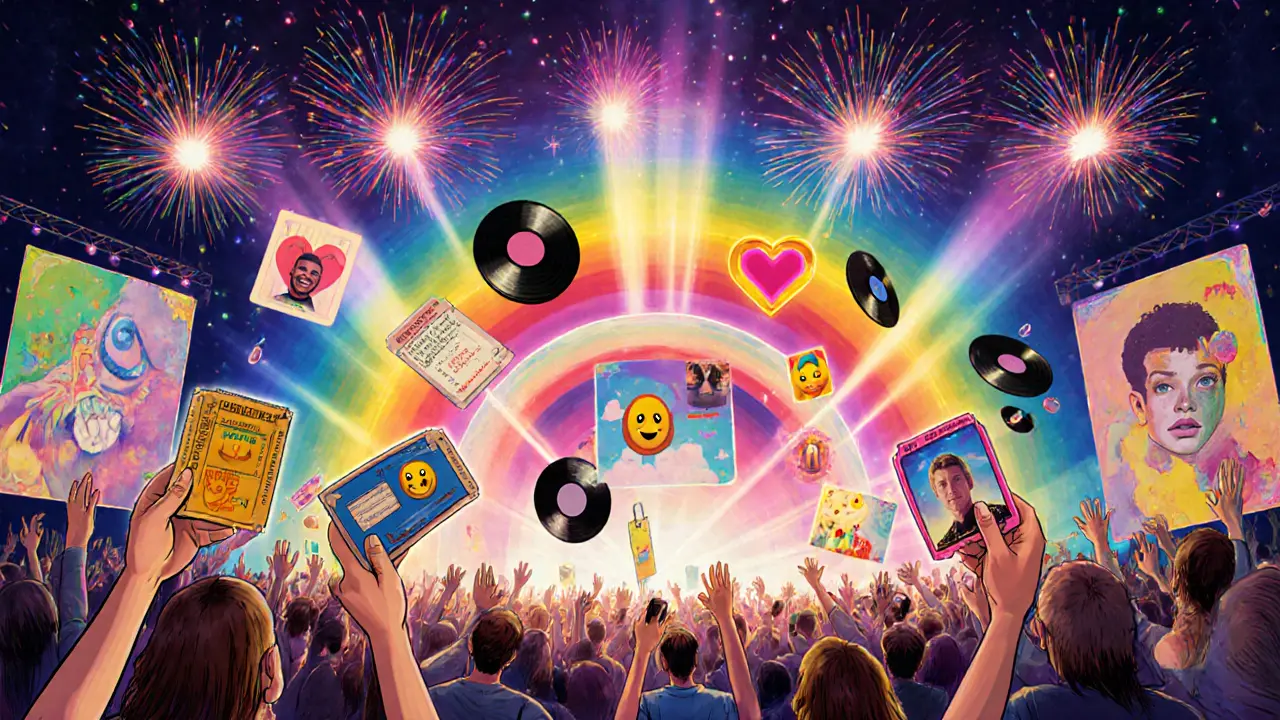 Fans at a concert hold glowing NFT tickets that unlock digital experiences, surrounded by AI-generated art and rainbow lights.