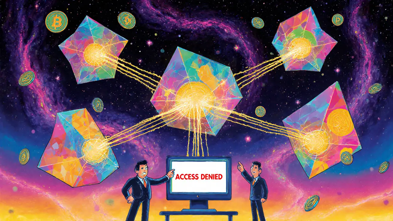 Five colorful HSM devices connected by golden energy threads forming a star of approval.