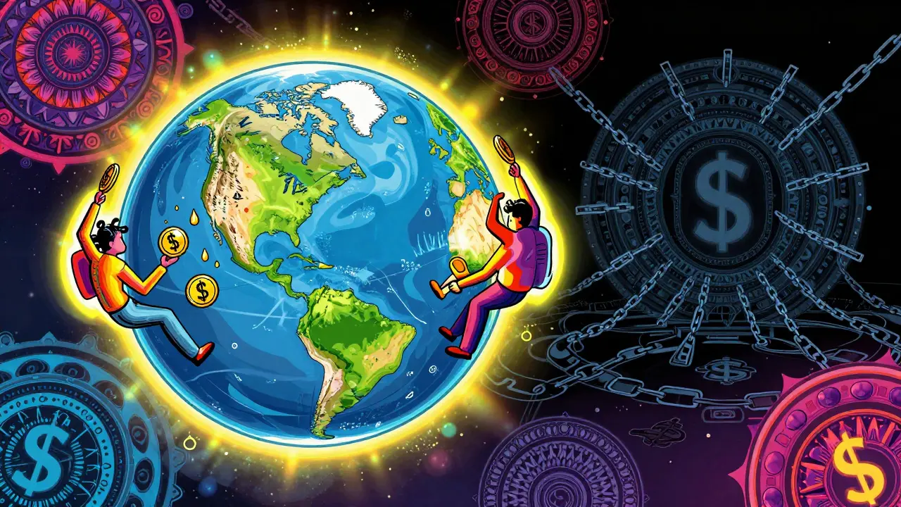 Glowing decentralized exchange orb with liquidity providers receiving gold rewards, contrasting a chained central exchange.