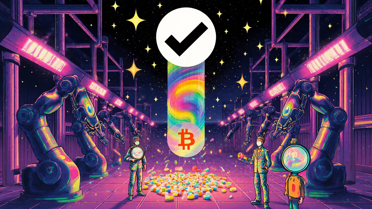 Robotic arms in a neon factory sending pill images as rainbow hashes into a floating blockchain sky.