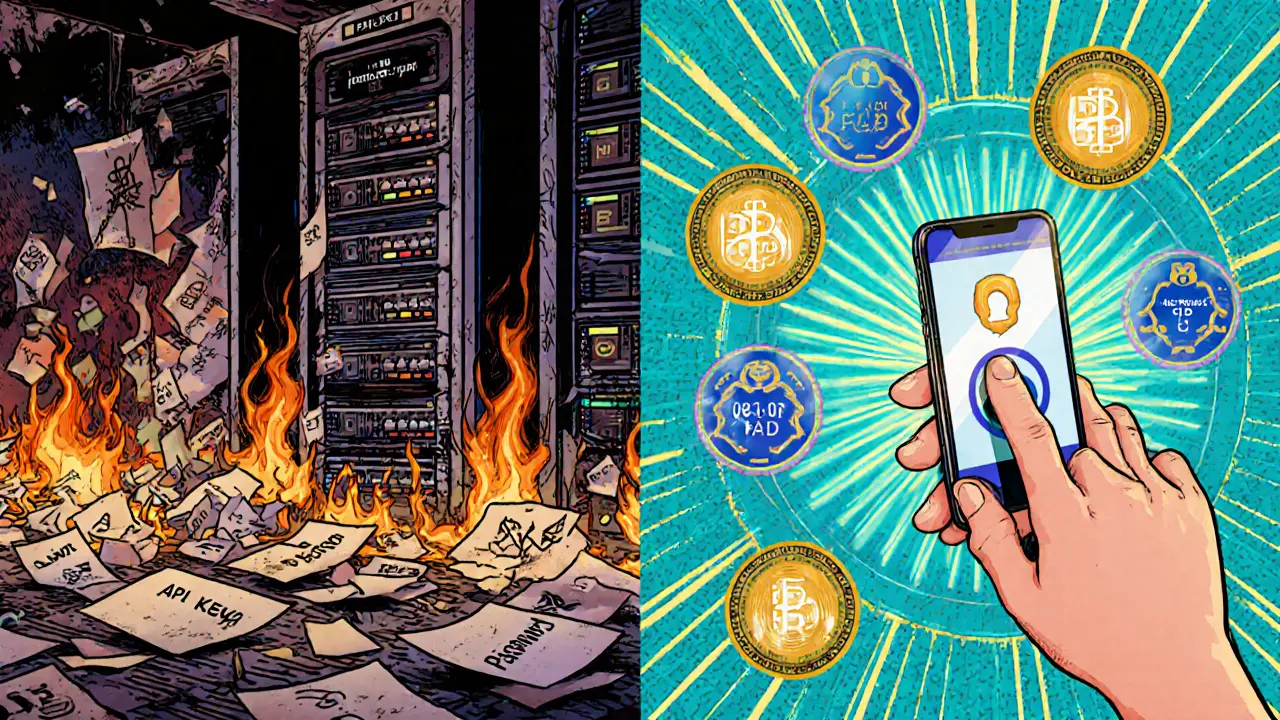 Split scene: chaotic server room vs. secure HSM cluster with quantum symbols and passkey icon.