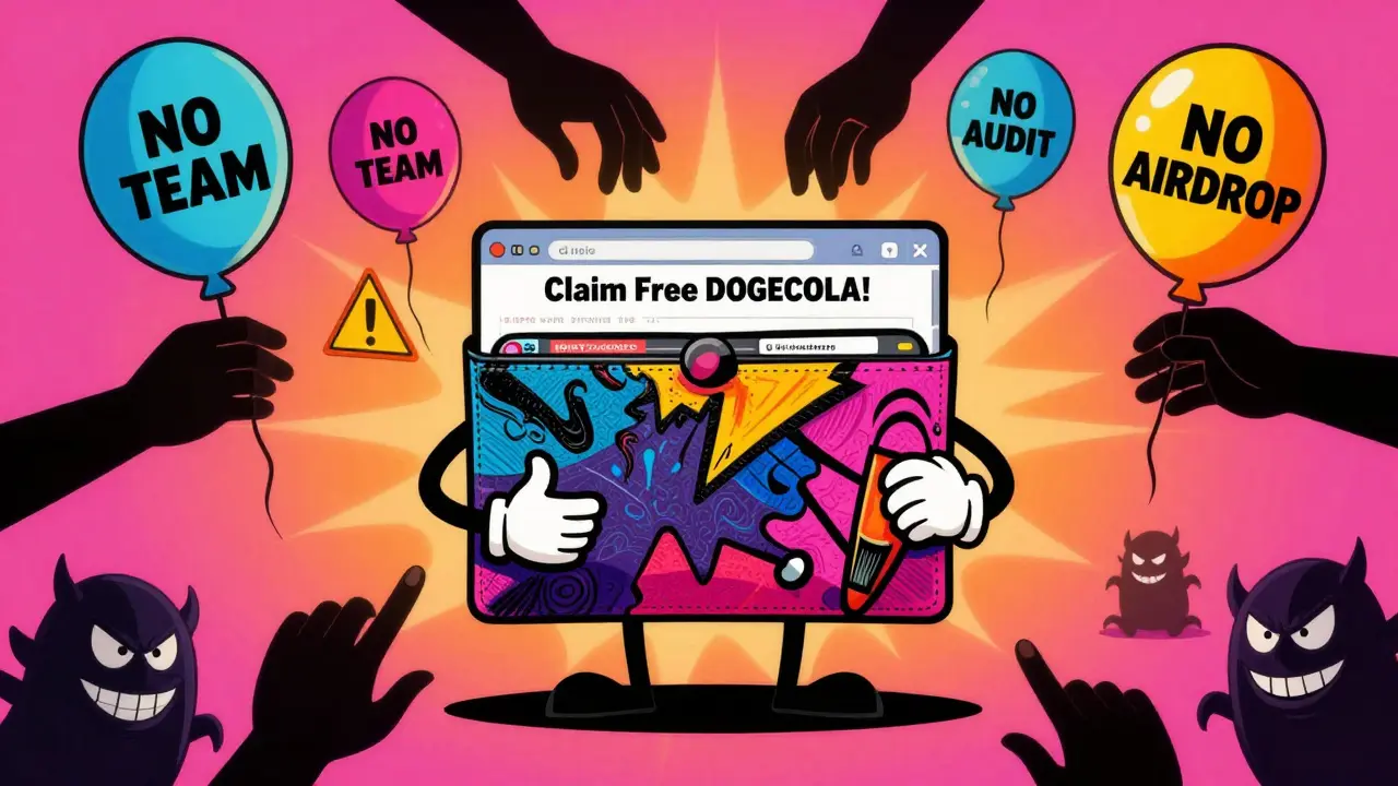 A cartoon wallet is drained by shadowy hands from a fake crypto website with warning signs floating around.