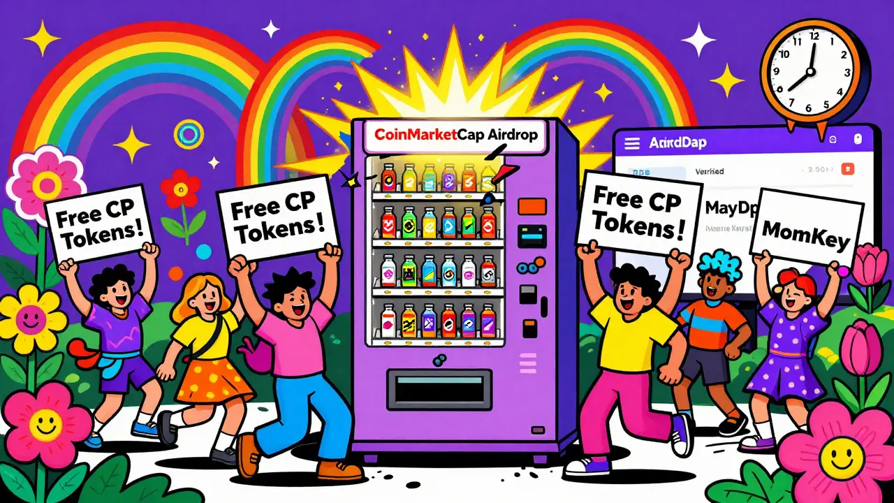 A crowd dancing around a broken 'CoinMarketCap Airdrop' machine while real airdrops shine brightly in the background.