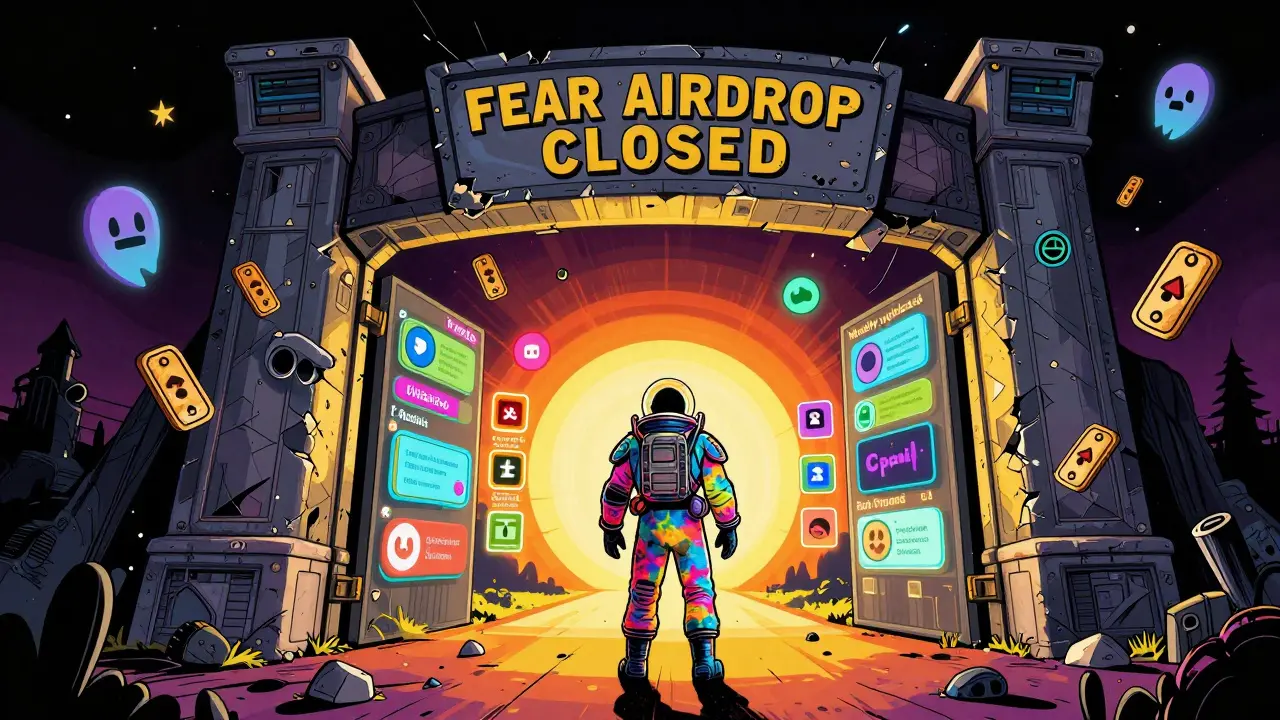 A figure before a crumbling &#039;FEAR AIRDROP CLOSED&#039; gate, with fading tokens and a path to active games.