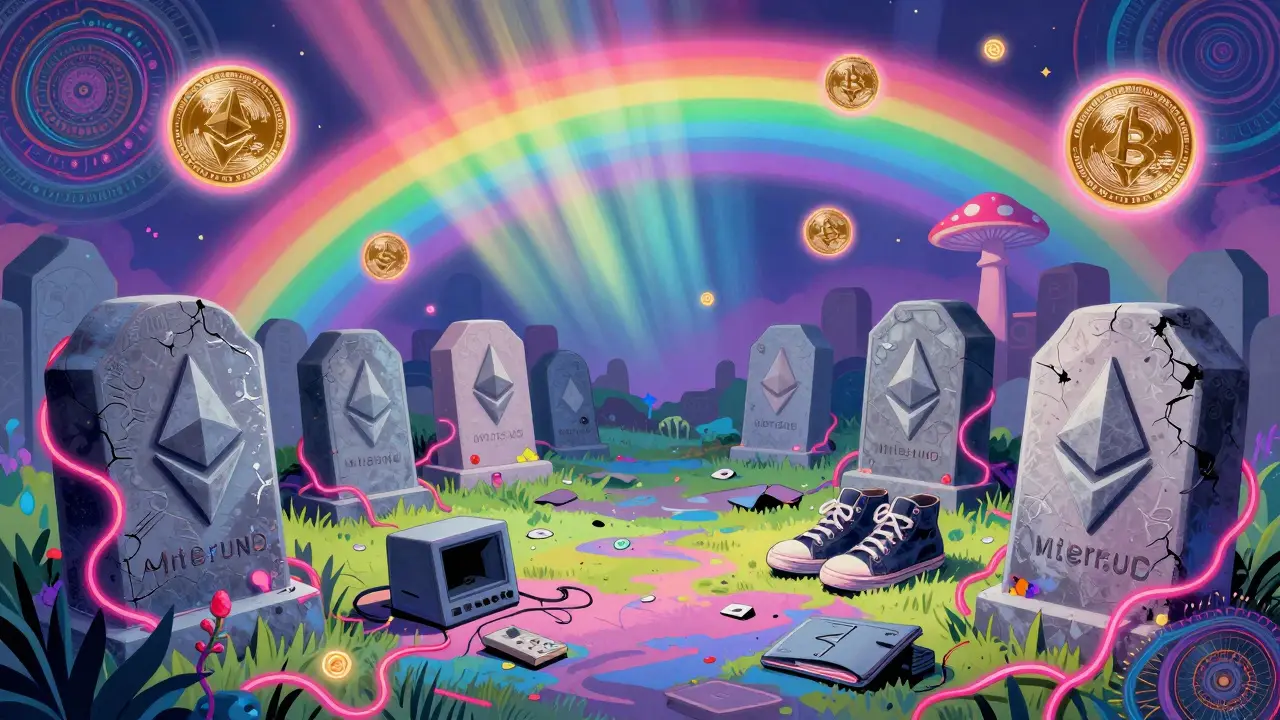 A forgotten crypto graveyard with tombstones, floating CPR tokens, and neon vines under rainbow auroras.