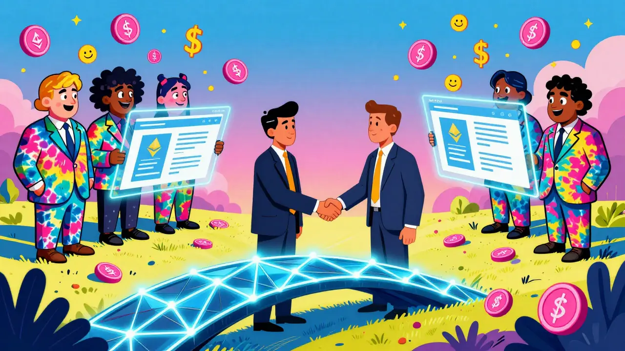 A freelancer and client shaking hands over a blockchain bridge as colorful jurors review website evidence with PNK tokens raining down.