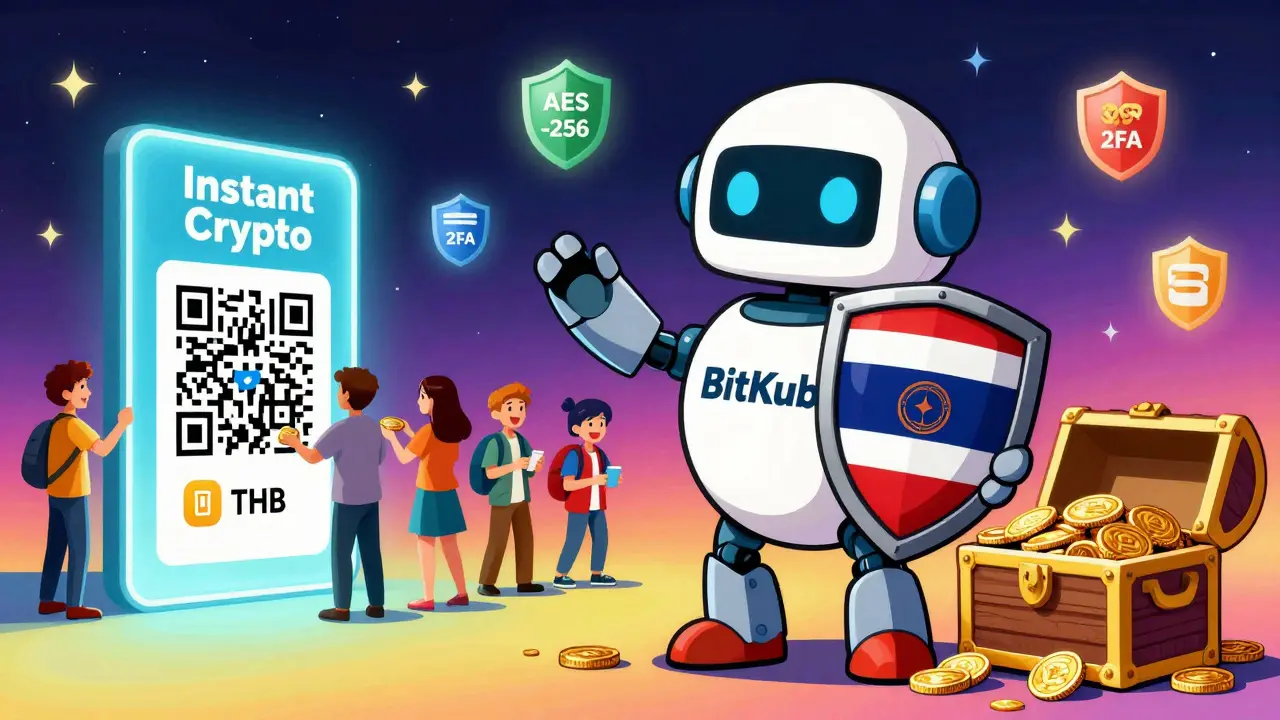 A friendly robot guard protecting crypto coins with Thai regulatory seals, users depositing THB via glowing portals.