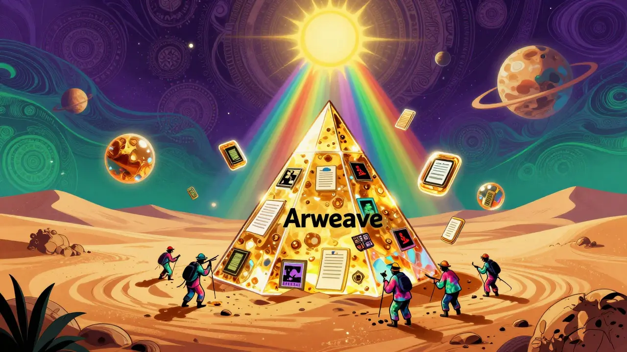 A glowing crystal time capsule preserves digital data in amber bubbles under a rainbow sun.