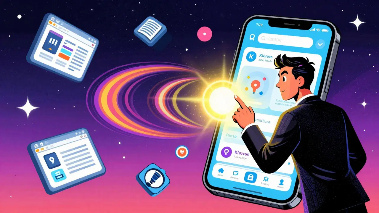 A juror voting on a mobile app under a starry sky, surrounded by swirling digital icons and glowing Kleros logo in vibrant pop-art colors.