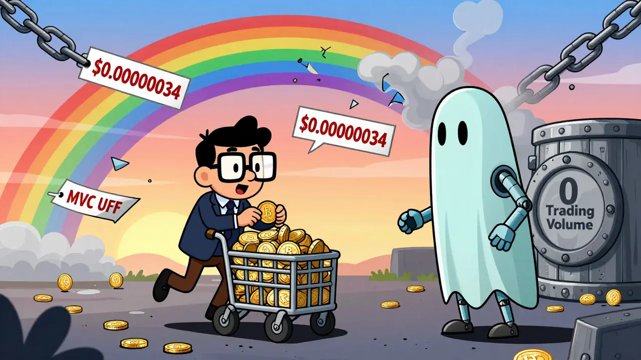 A lone investor trying to sell MVC coins in a market with zero volume, surrounded by tiny price tags and a broken robot.