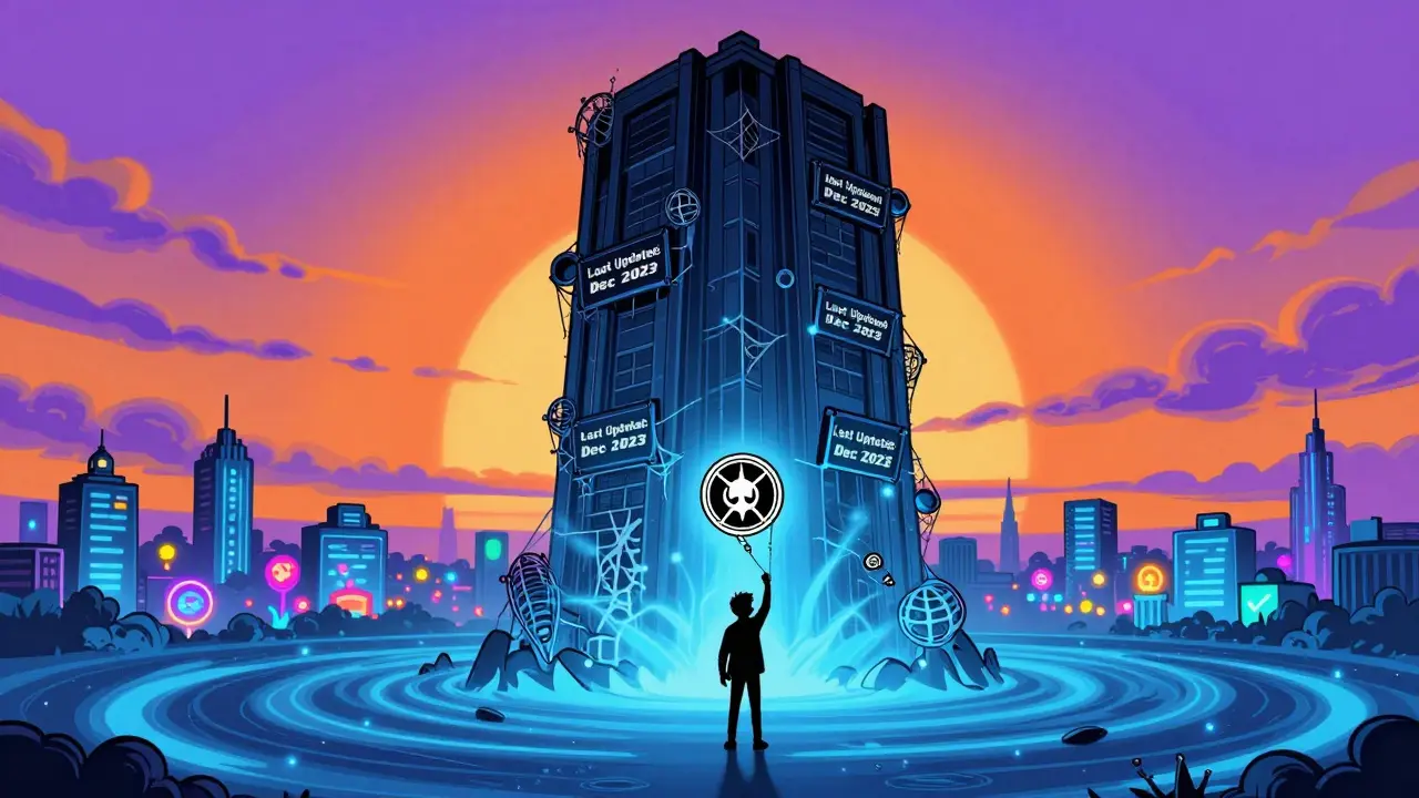 A lonely trader holding a fading HYDRA token before a silent blockchain tower in psychedelic colors.