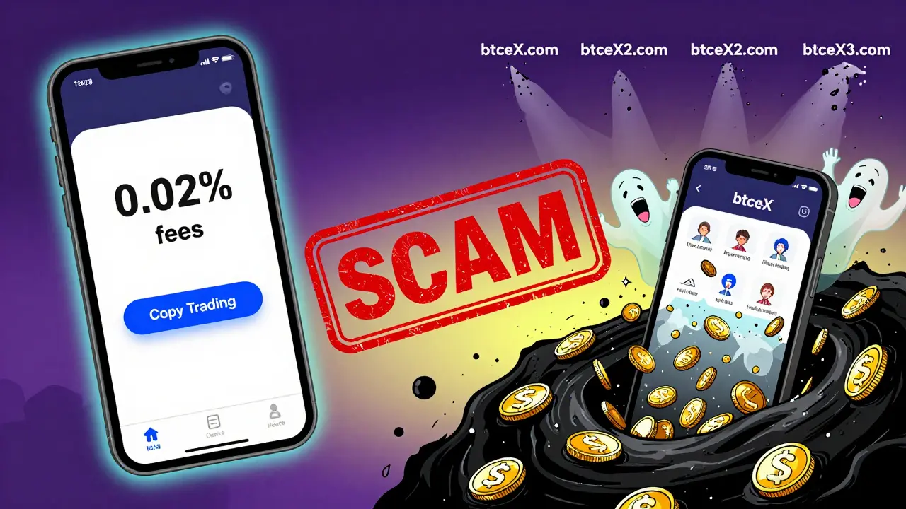 A mobile app turning into a black hole swallowing crypto, with changing domain names dissolving.