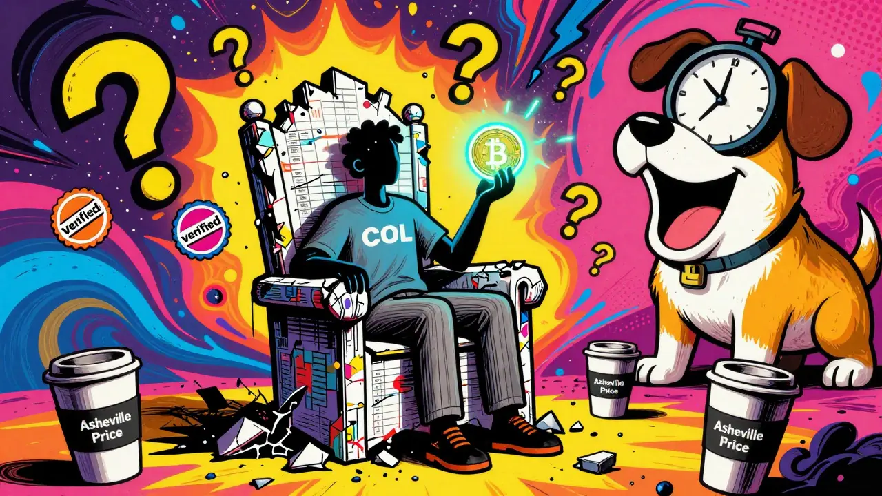 A person sits on a chart throne holding a faintly glowing COL token as a laughing dog with a clock head watches.