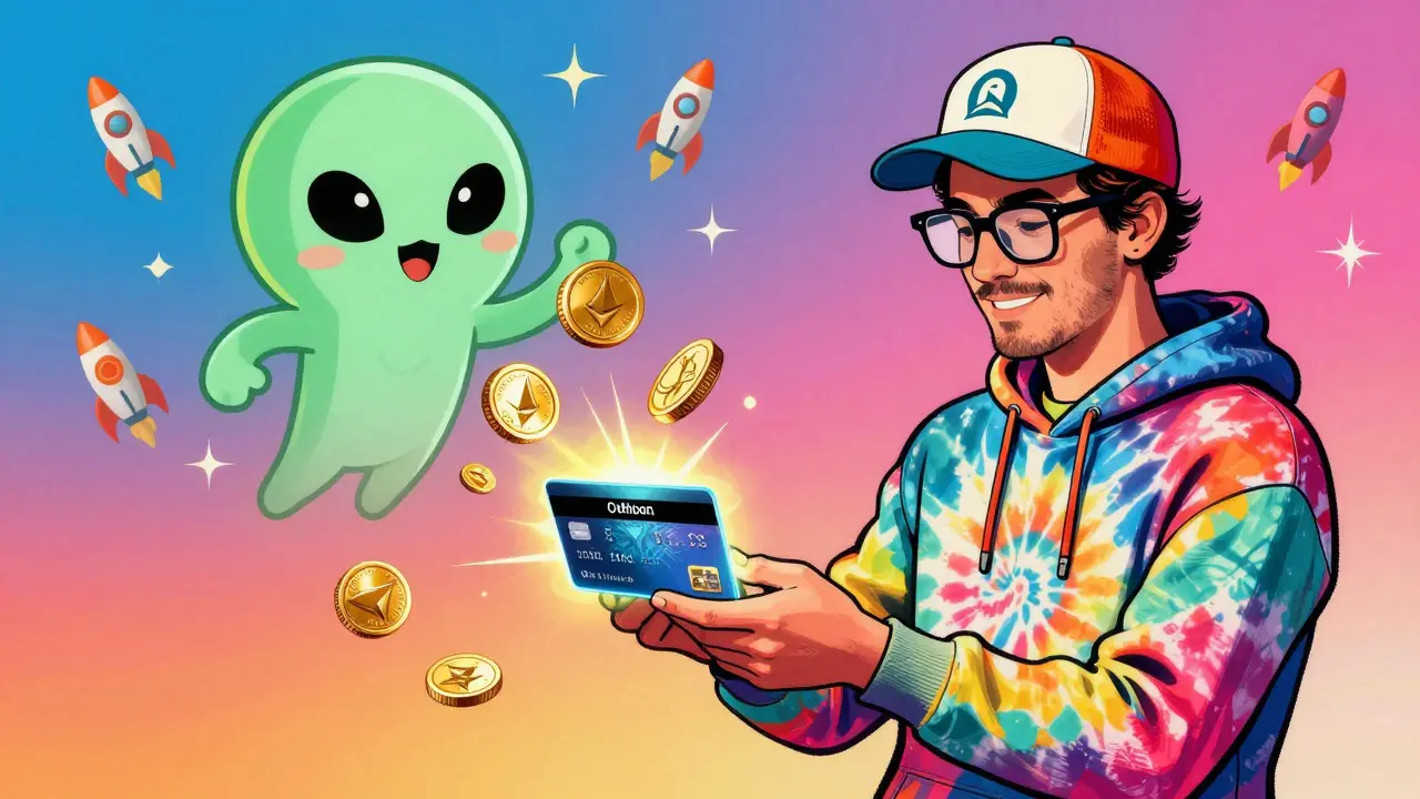 A retro trader connecting a credit card to MetaMask, turning it into USDC coins with a friendly Carbon logo nearby.