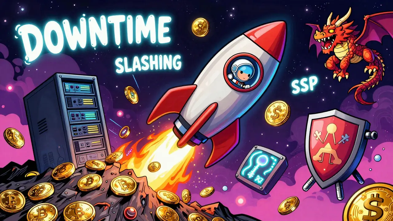 A server rocket ship blasts off with a validator pilot, guarded by a dragon, amid floating firewalls and neon nebulae.