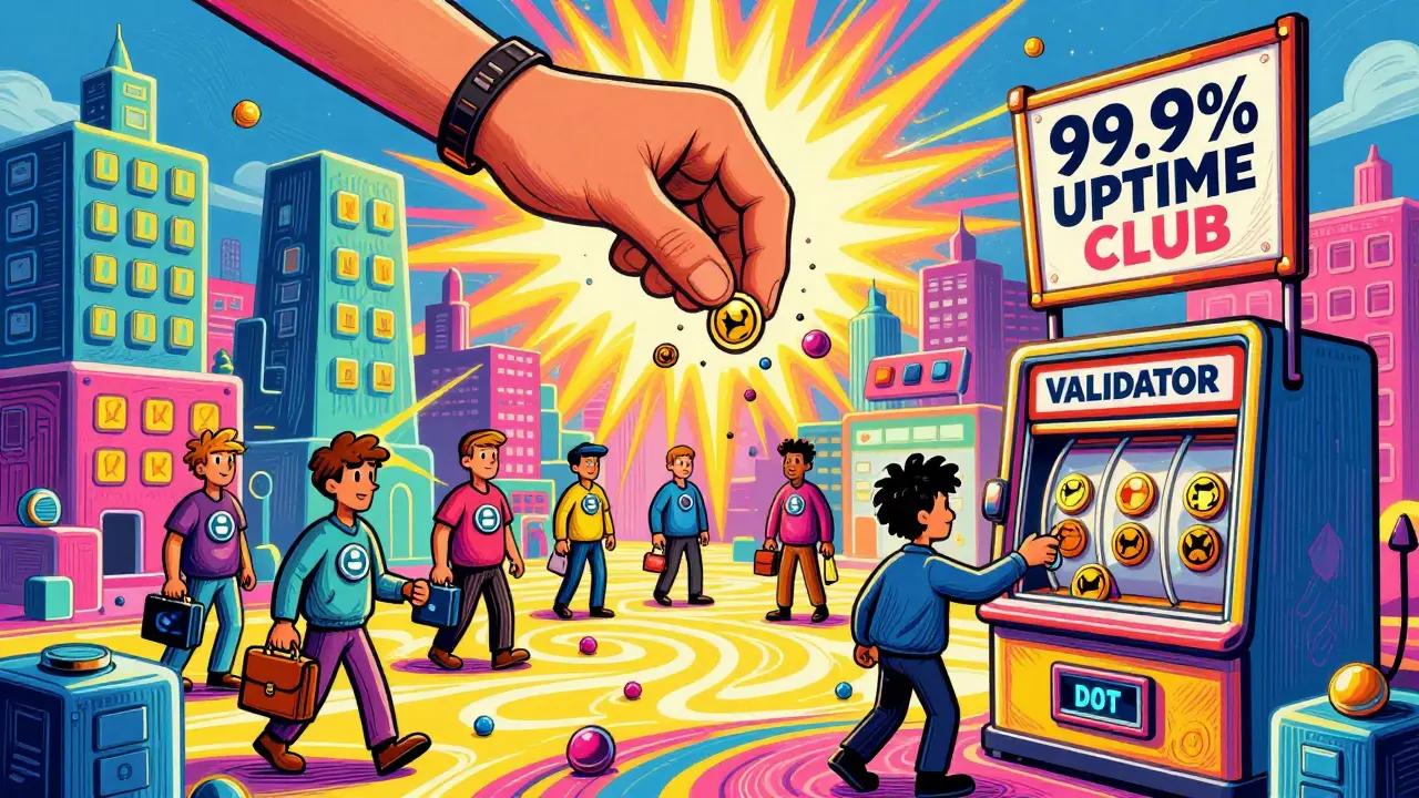 A surreal validator marketplace where buildings are blockchain blocks, and rewards rain from the sky like candy.