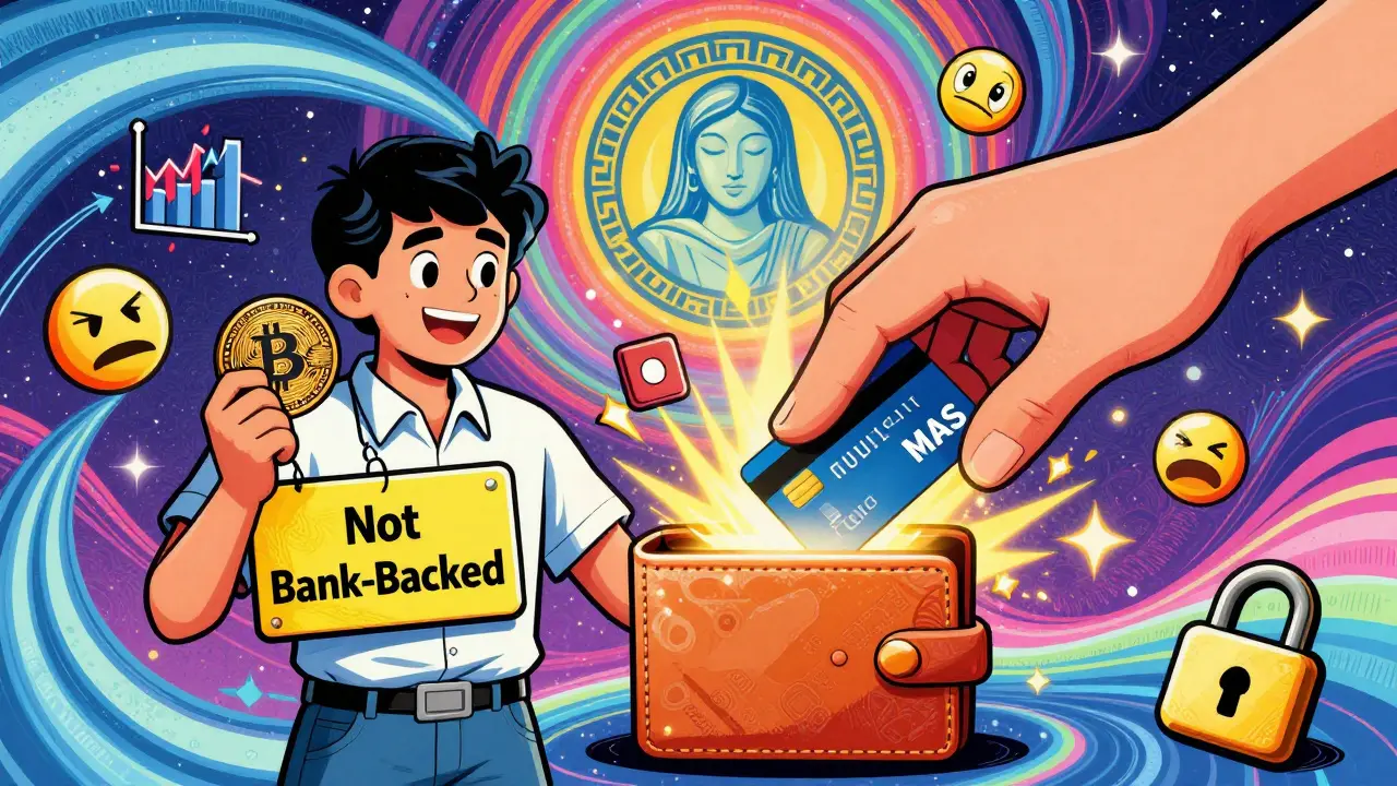 A trader is blocked from using a credit card to buy crypto, surrounded by warning symbols under a watchful MAS emblem.