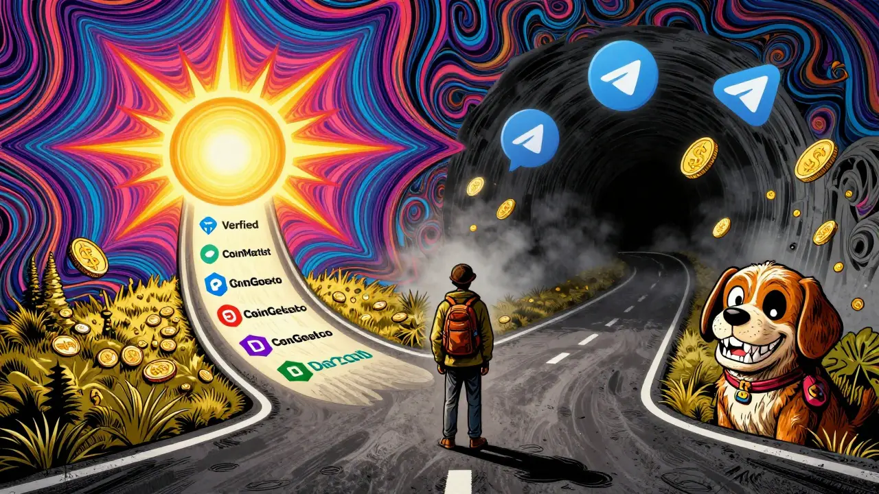 A traveler choosing between a safe path with verified crypto logos and a dark tunnel filled with fake airdrop scams.