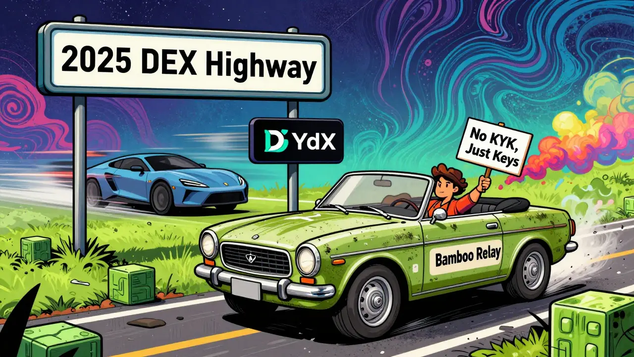 A vintage car named Bamboo Relay driving on a blockchain road while modern DEXs speed ahead in the distance.