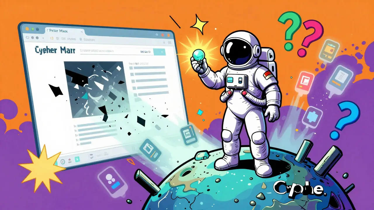 An astronaut on a crumbling Cipher planet holding a glowing token as apps disappear into pixelated dust.