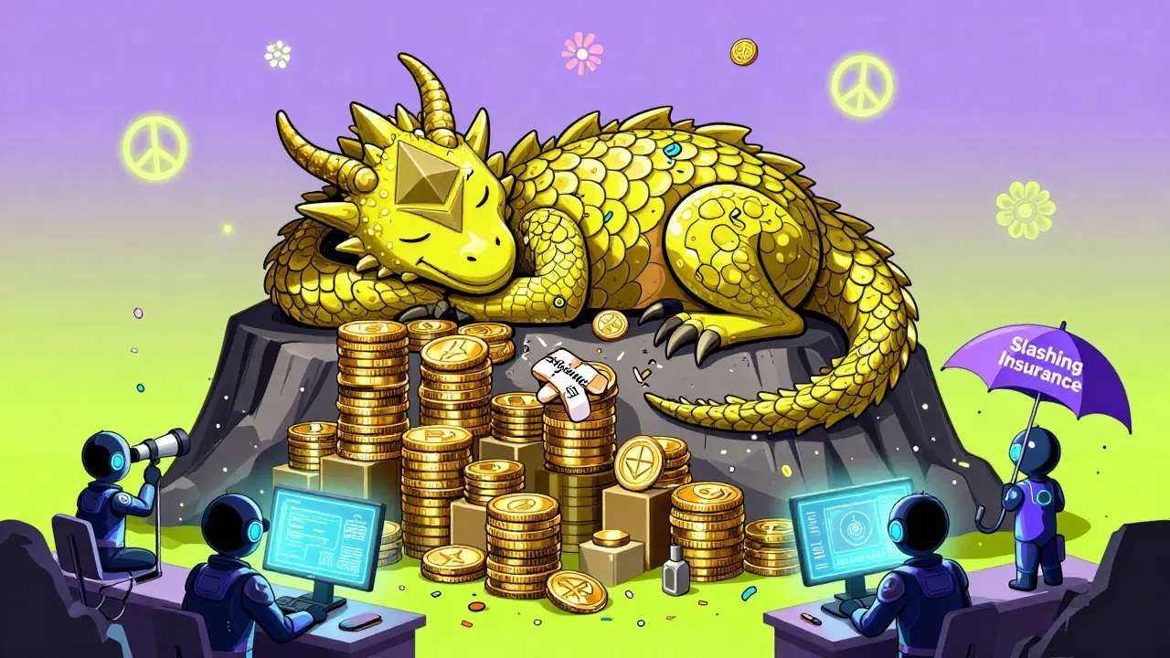 An Ethereum dragon sleeps peacefully as validators use AI tools to prevent errors, with soft slashing bandages and confetti in the sky.