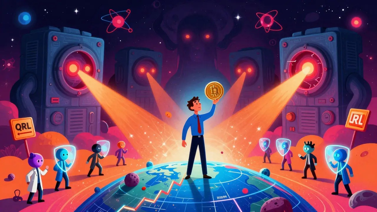 An investor on a chart-planet faces looming quantum computers while heroes deploy quantum shields in the foreground.