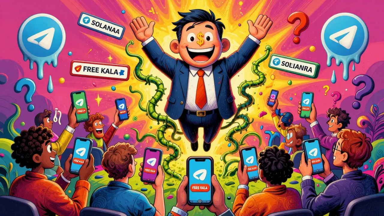 Chaotic Telegram group with fake KALA buttons and a dollar-sign CEO in vibrant cartoon style.