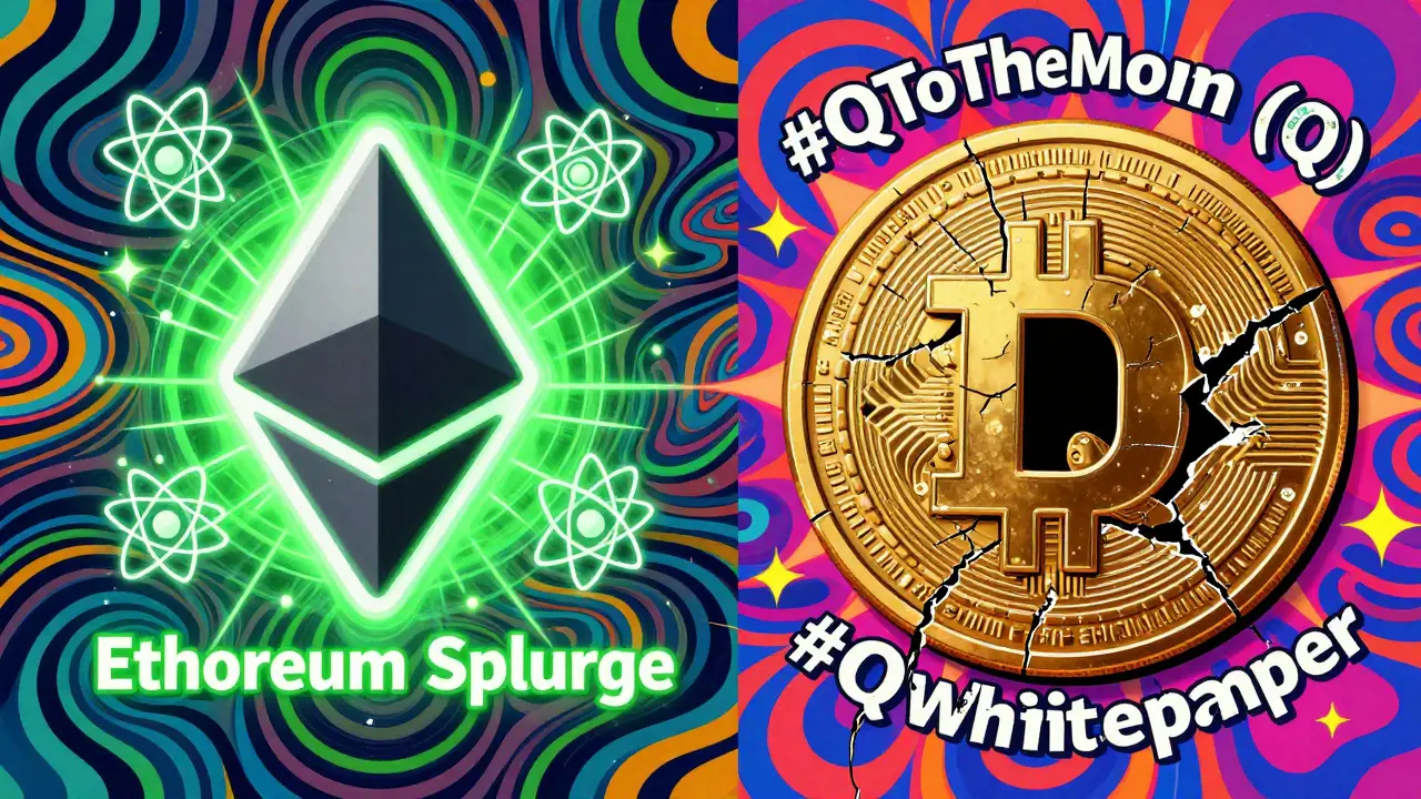 Contrasting scene: a strong quantum-resistant blockchain vs. a crumbling 'Q' coin amid fake crypto hype.