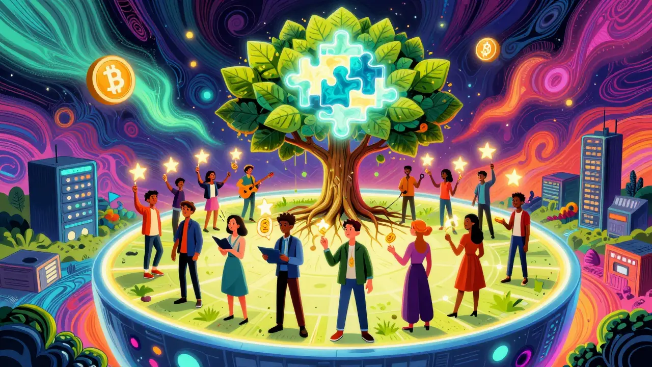 Creators gather in a glowing VR plaza, their avatars emitting tokens, under a blockchain tree and zero-knowledge proof light puzzle.