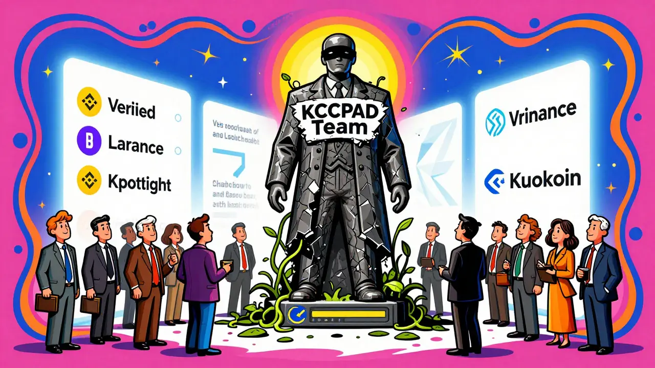 Crowd facing a crumbling KCCPAD statue as phishing vines grow, with clean launchpads shining in background.