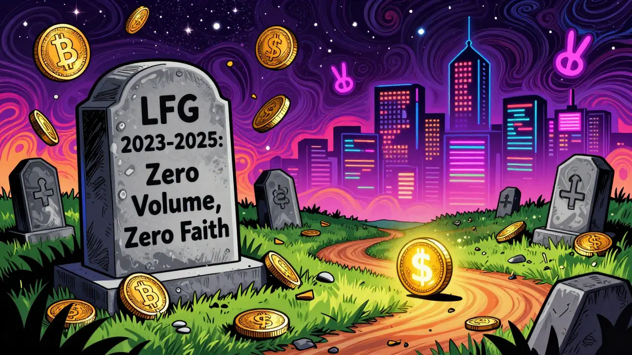 Crypto graveyard with LFG tombstone under Arbitrum stars, USDC rolling toward a thriving DeFi city.