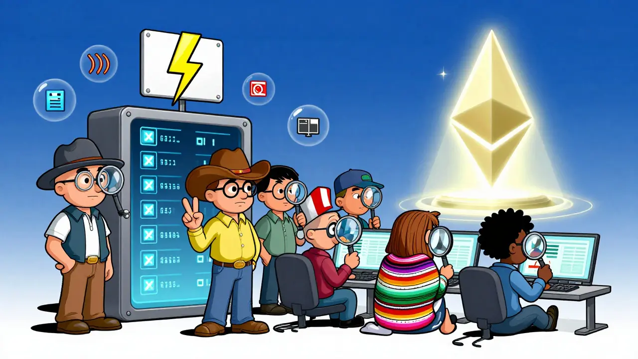 Diverse validators near a digital ledger, surrounded by error alerts, under a warning lightning bolt in Peter Max style.