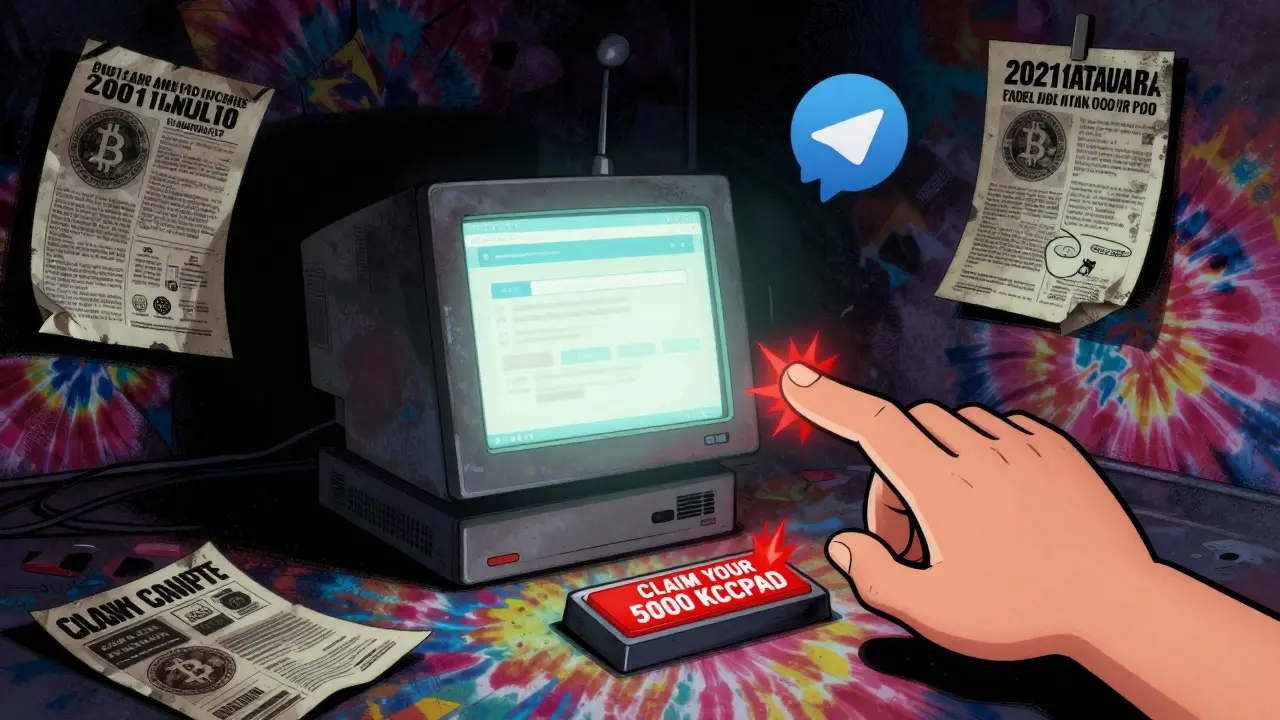 Faded computer screen with fake airdrop button, surrounded by old crypto flyers in surreal colors.