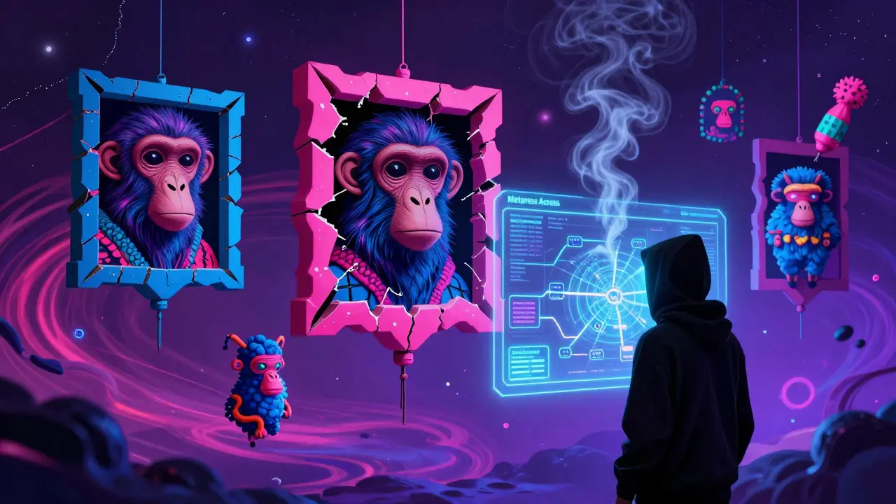 Floating NFTs cracking open to reveal emptiness, with a shadowy figure deleting a fake roadmap in glowing cosmic colors.