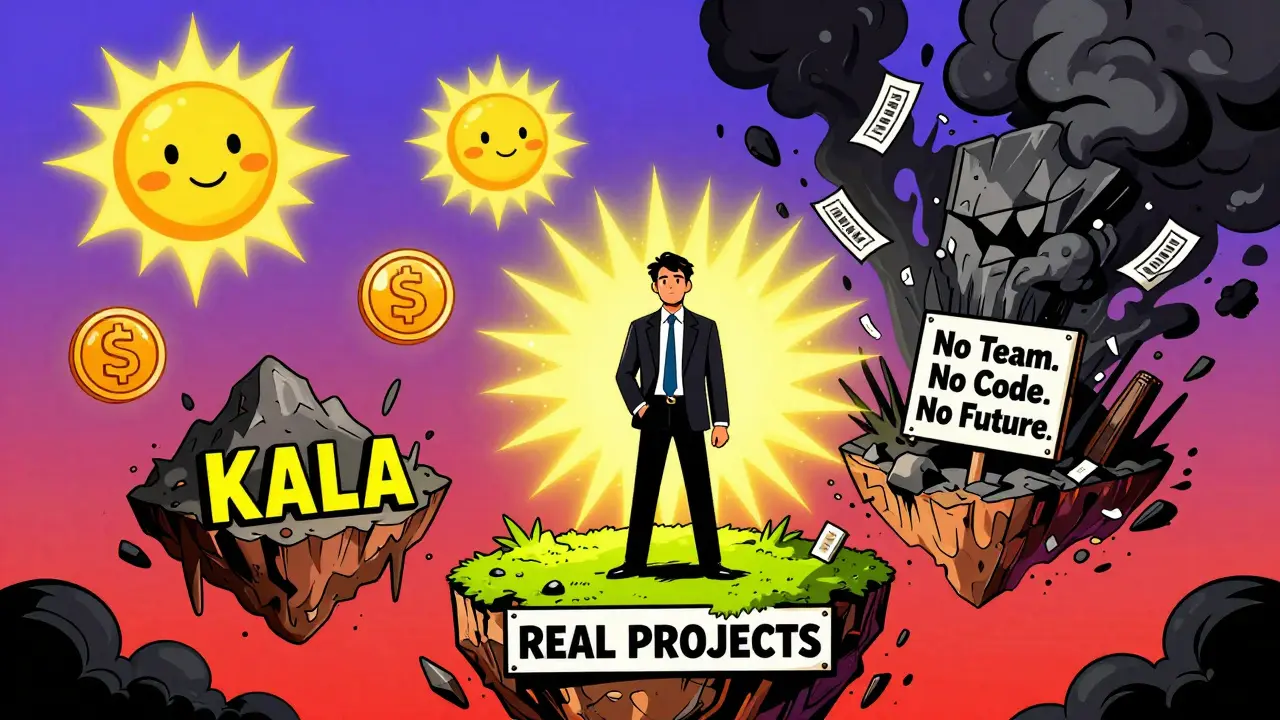 Investor on safe island of real crypto projects, while KALA island crumbles into chaos.