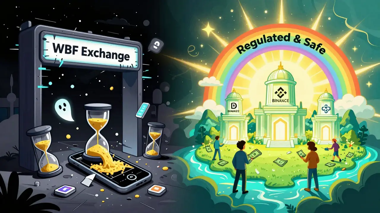 Left: glitchy WBF portal with frozen accounts; right: glowing regulated exchanges under a rainbow — contrast of chaos and safety.