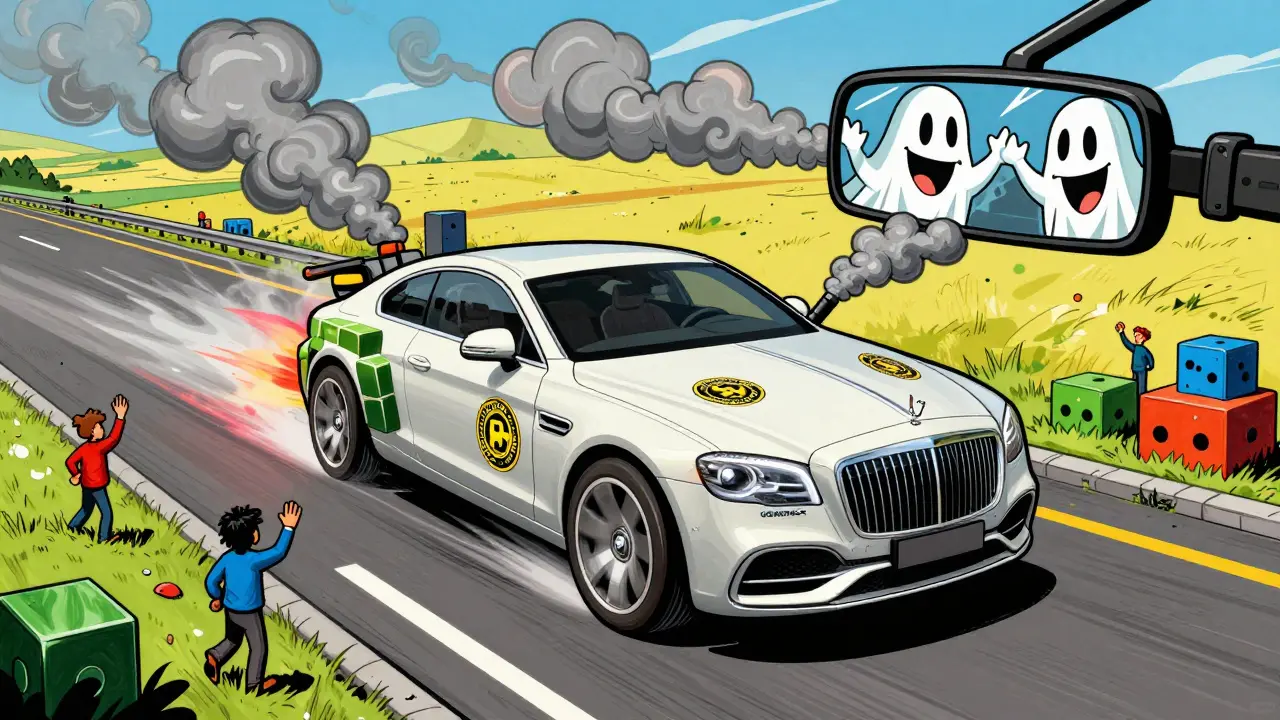 Luxury Cofinex car speeding on blockchain road, brakes gone, hacker ghosts in the smoke.