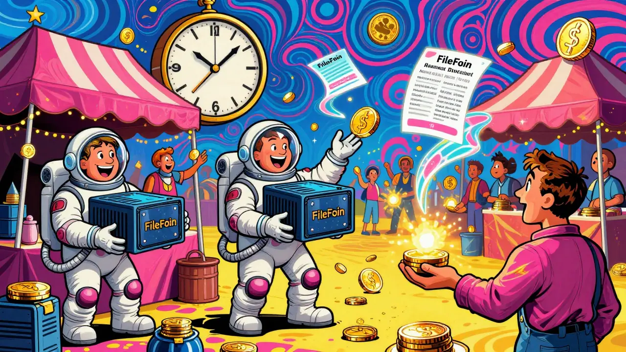 Miners in space suits offer storage at a colorful marketplace with holographic payment contracts.