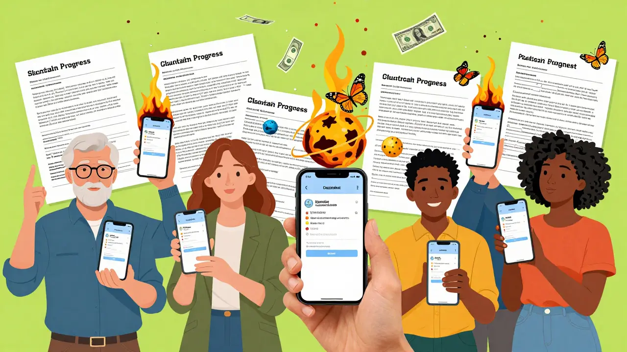 People use apps to track claims as blockchain nodes orbit their phones, with paper forms turning into butterflies.