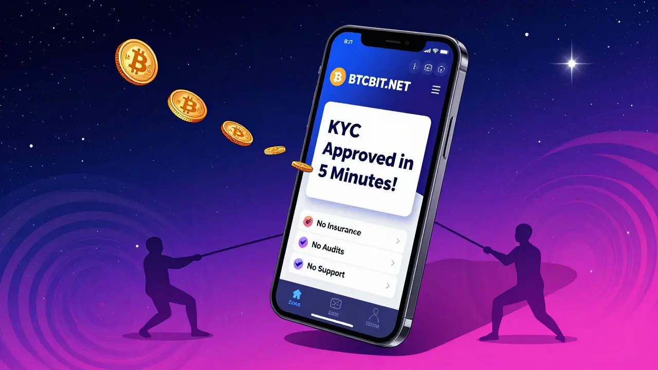 Phone showing fast KYC approval while shadowy risks drain crypto into darkness.