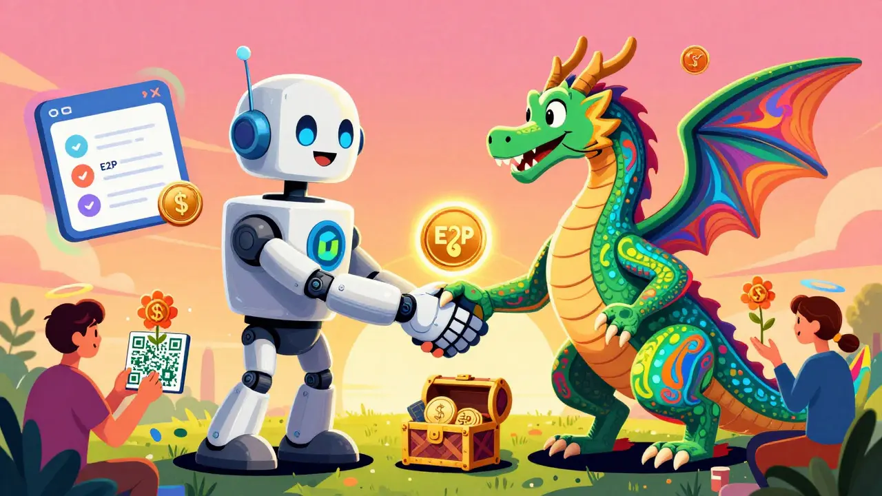 Rainbow-hued handshake between Coinstore and Greenex figures passing an E2P token through CoinMarketCap portal