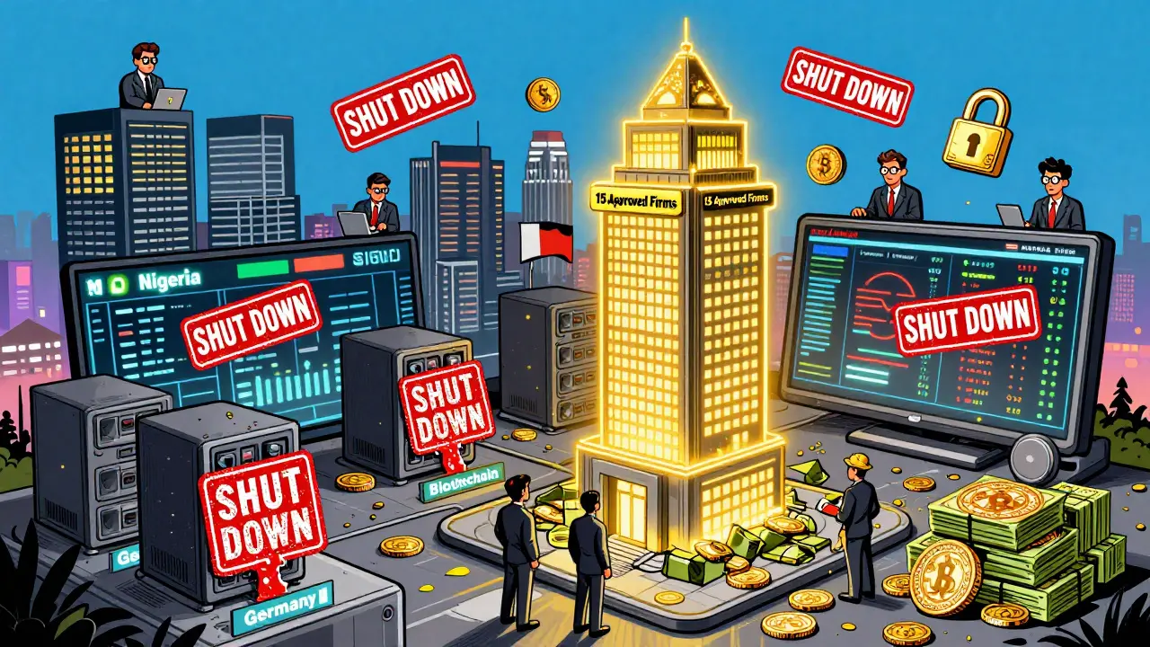 Singapore skyline with shut-down servers crushed by MAS stamps, while only 15 approved firms glow brightly.