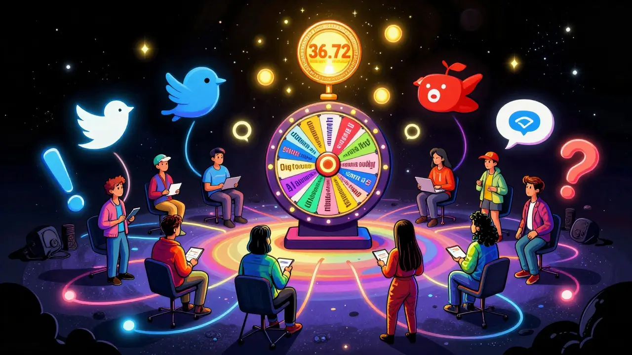 Social media users connecting to win DFI tokens in a colorful lottery hub.