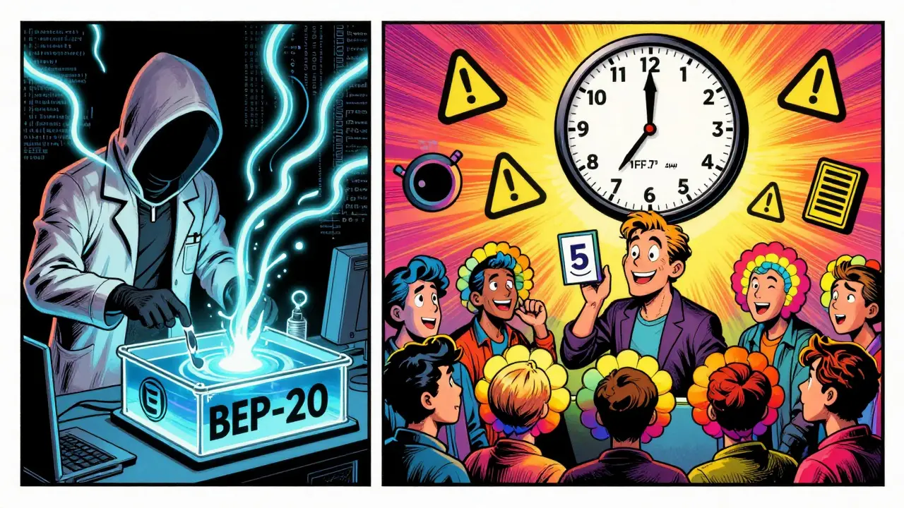 Split scene: hacker draining token liquidity vs. con artist deceiving NFT buyers, with time clock and warning symbols in pop-art style.