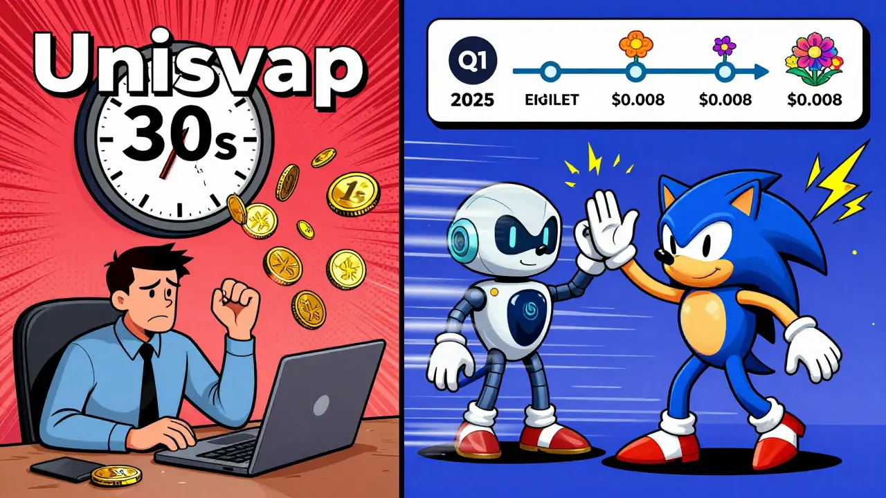 Split scene: slow Uniswap trade vs. fast Equalizer trade with speed lines and glowing transaction details.