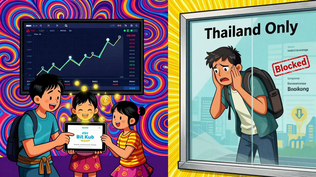 Thai family using BitKub app with rewards, while an international traveler is blocked by a 'Thailand Only' wall.