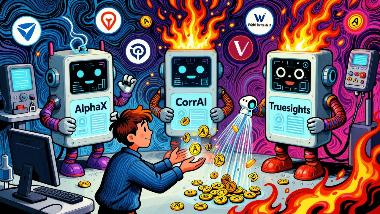 Three AI tools creating strategies as a user receives AIA tokens, with investor logos and burning tokens in a psychedelic lab scene.