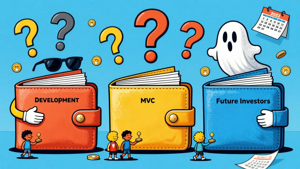 Three giant wallets ignore tiny holders, under a sky of floating question marks and a fading 2022 calendar.