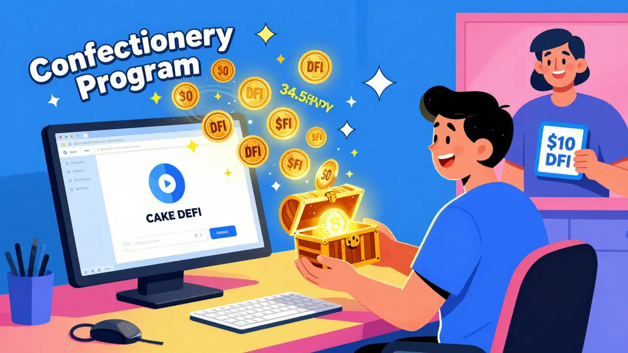User earning DFI tokens via Cake DeFi with glowing interest stars.