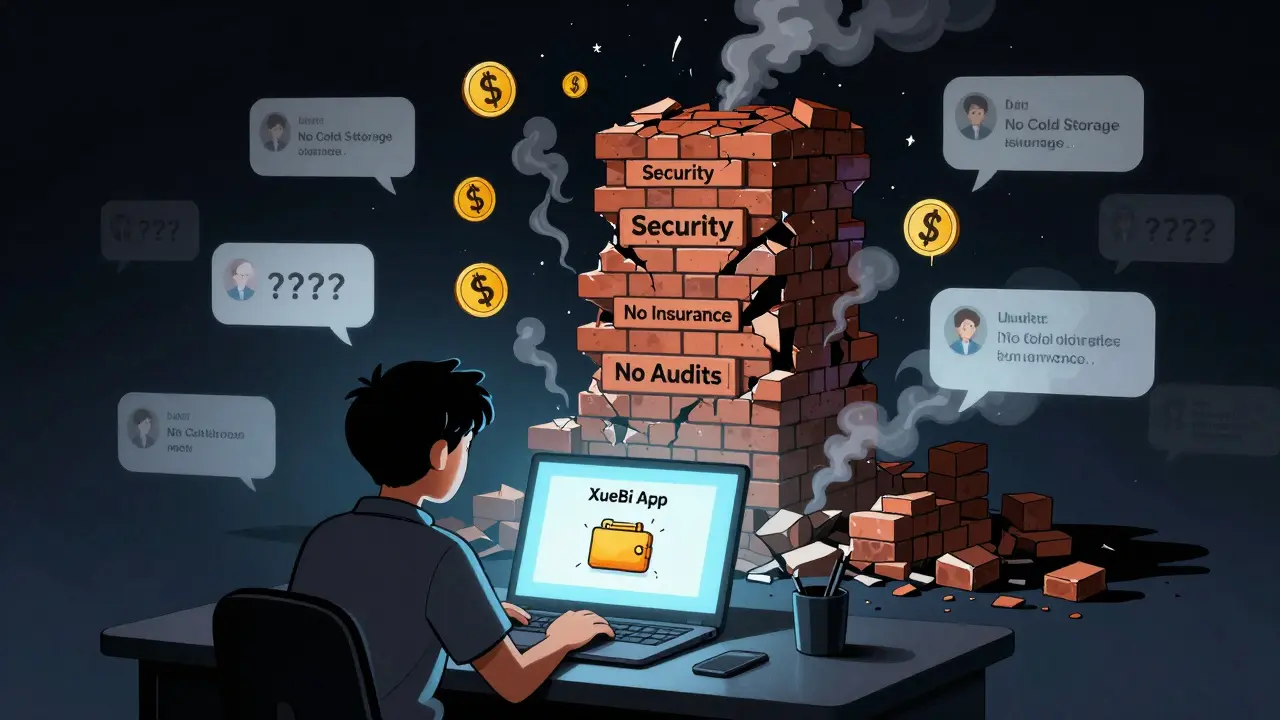 User facing a crumbling security tower labeled 'No Insurance' while coins vanish into smoke